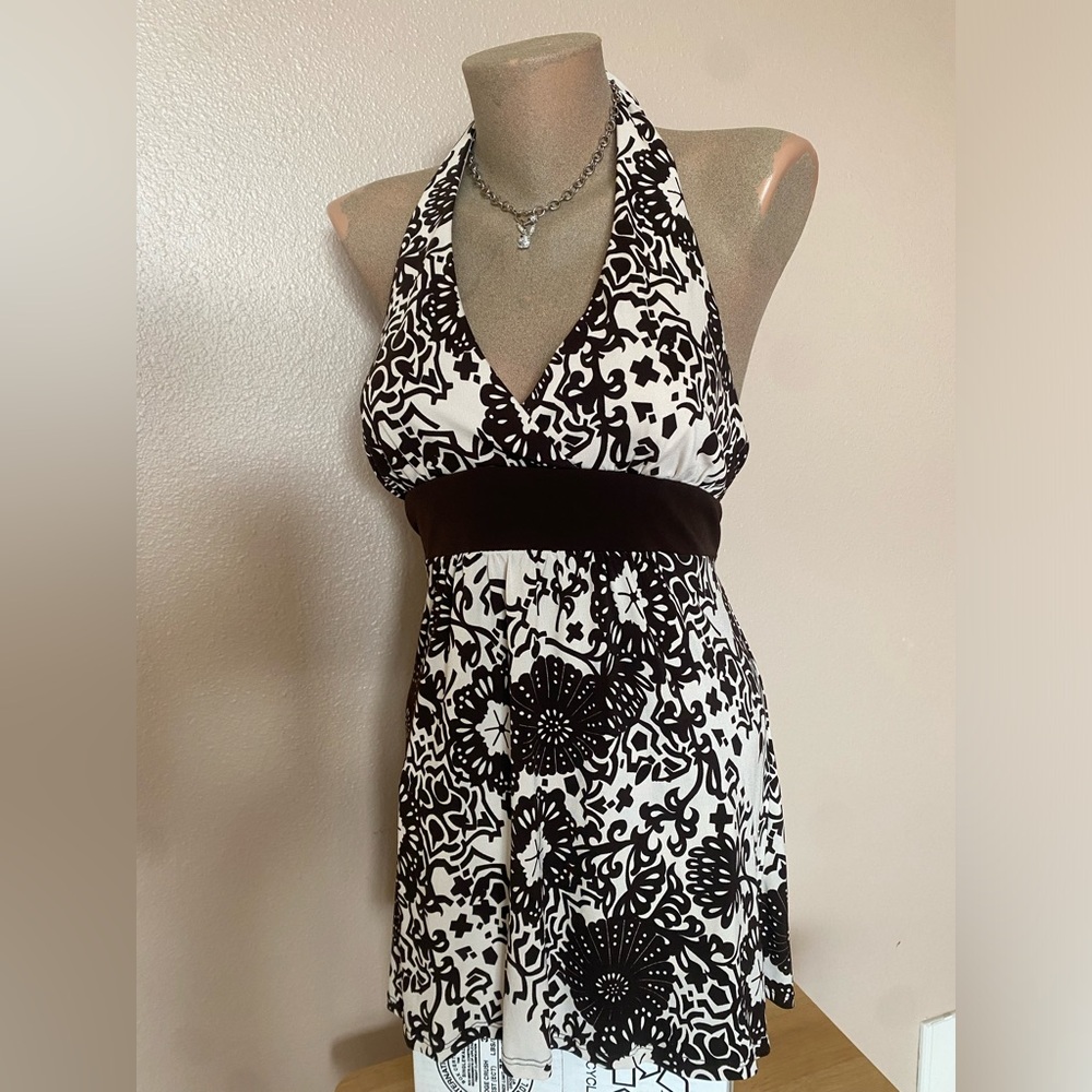 Y2k Brown & White Floral Print Halter Babydoll Top with Tie Back